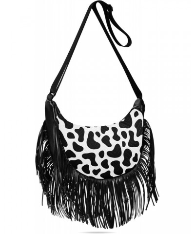 Tassel Crossbody Bag Cow Print Classic Black White Women Fringe Boho Handbag Hippie Purse Vintage Bohemian Shoulder Bag '70s ...