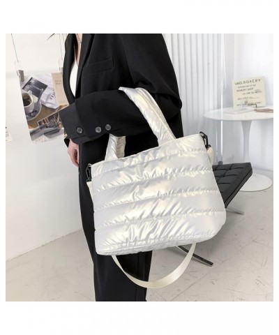 Women n Cotton Pad Nylon Shoulr bag Solid Color Eroiry Thread Top-handle White $8.39 Shoulder Bags