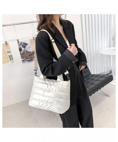 Women n Cotton Pad Nylon Shoulr bag Solid Color Eroiry Thread Top-handle White $8.39 Shoulder Bags