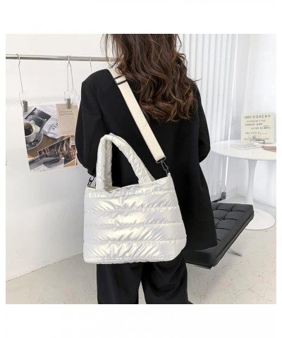 Women n Cotton Pad Nylon Shoulr bag Solid Color Eroiry Thread Top-handle White $8.39 Shoulder Bags