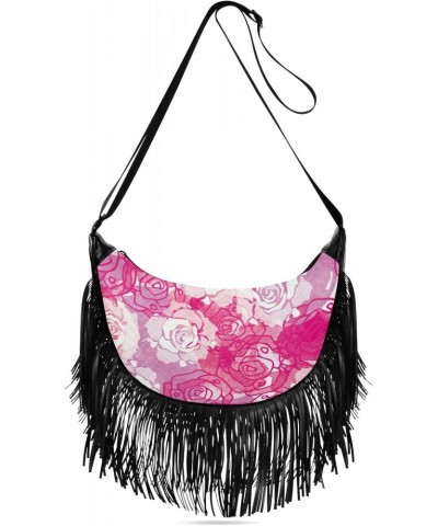 Abstract Painting Pink Rose Fringe Bag for Women Cross Body Bag Tassel Shoulder Bag Satchel $11.88 Shoulder Bags