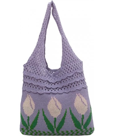 Women's Crochet Tote Bag Aesthetic Fairy Hobo Bag Flower Shoulder Bag Mesh Beach Bag Summer Accessories Purple $8.80 Totes