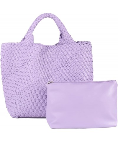 Woven Beach Tote Bag, Women Macaron Soft Leather Weave Handbag with Purse Top-handle Handbag for Work Travel Purple $20.63 Totes