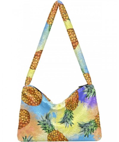 Fruit Pineapple Tote Handbags for Women Ultra Soft Fluffy Shoulder Bag with Zipper Fashion Durable Hobo Bag for Shopping Conc...