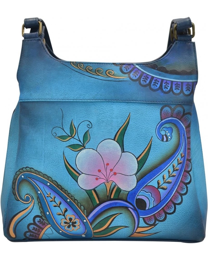 Hand-Painted Original Artwork, Genuine Leather - Triple Compartment Satchel Denim Paisley Floral $80.73 Satchels