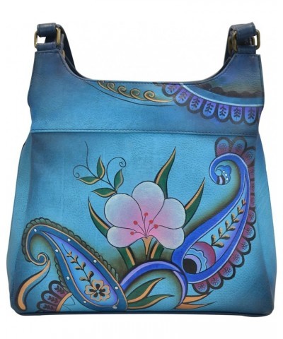 Hand-Painted Original Artwork, Genuine Leather - Triple Compartment Satchel Denim Paisley Floral $80.73 Satchels