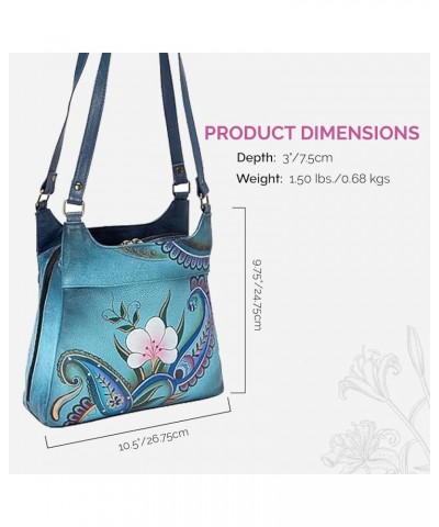 Hand-Painted Original Artwork, Genuine Leather - Triple Compartment Satchel Denim Paisley Floral $80.73 Satchels