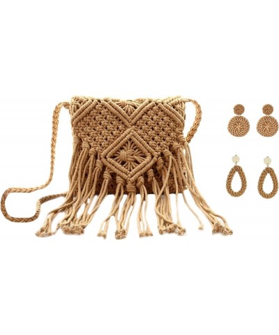 Van Caro Handwoven Cotton Straw Shoulder Bag Crochet Tassel Beach Bohemian Purse for Women Brown + Earings $13.39 Shoulder Bags