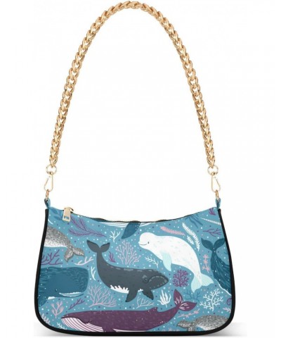 Whales Marine Ocean Animals Shoulder Bag for Women Fabric Crescent Handbag with Zipper Chain Clutch Purses for Party Concert ...