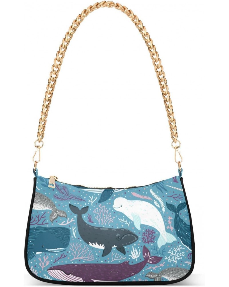 Whales Marine Ocean Animals Shoulder Bag for Women Fabric Crescent Handbag with Zipper Chain Clutch Purses for Party Concert ...