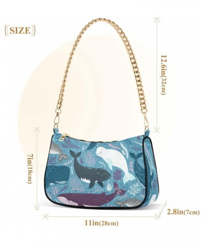 Whales Marine Ocean Animals Shoulder Bag for Women Fabric Crescent Handbag with Zipper Chain Clutch Purses for Party Concert ...