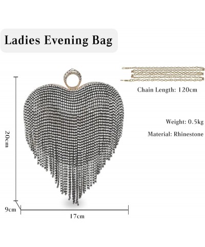 Women Luxury Heart Shape Tassel Evening Clutch Bag Rhinestone Handbag Bridal Wedding Black $30.71 Evening Bags