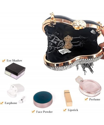 Women Luxury Heart Shape Tassel Evening Clutch Bag Rhinestone Handbag Bridal Wedding Black $30.71 Evening Bags