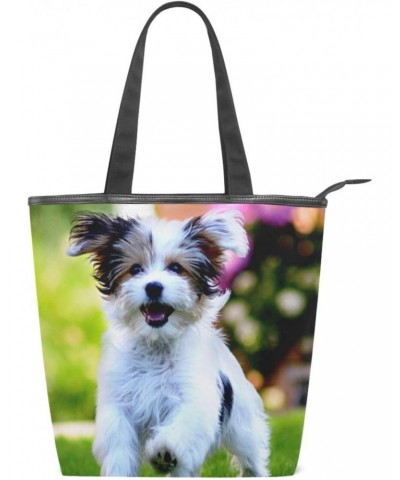 Tote Bag Cute Happy Puppy Running Canvas Zippered Tote Handbag for Women with 2 Interior Pockets $10.35 Totes