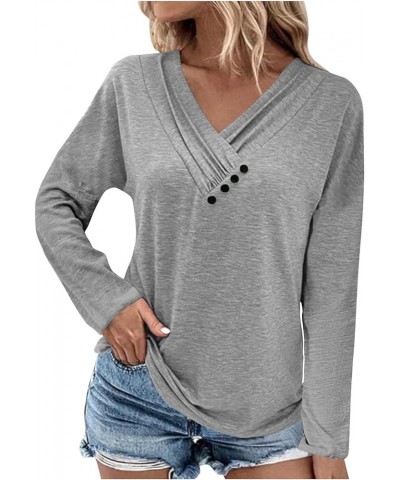 Fall Clothes for Women 2023 Chest Panel Ruched Long Sleeve T Shirt Solid Color Button V Neck Outfits Comfy Pullover 1-gray $3...