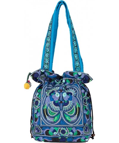 Handmade Drawstring Tote Bag, Hmong Tribes Embroidered Shopping Bag Bird Blue, Flat Strap $19.37 Totes