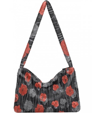 Red and Gray Flowers Of Poppies Furry Tote Bag for Women Crossbody Bag Shopping Shoulder Bag Puffer Tote Bag with Zipper for ...