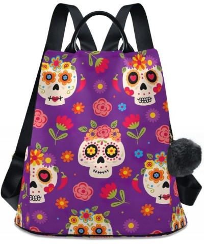 Cute Pink Summer Beach Anti Theft Backpack Purse for Women Fashion Travel Bags with Pompom Purple Skull Flowers $19.31 Backpacks