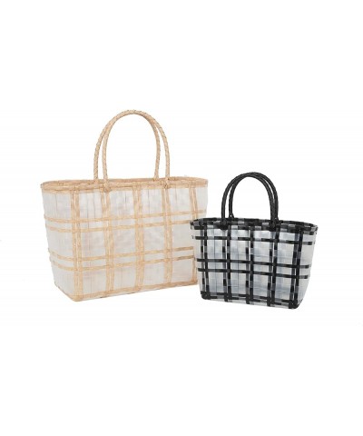 Women's straw woven handbag women's solid color woven handbag bring a small handbag White/Black $17.20 Handbags