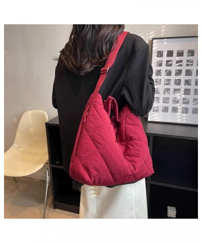 Quilted Tote Bag for Women Crossbody Bags Lightweight Padding Shoulder Bags Nylon Padded Hobo Handbag with Zipper 02-red $11....