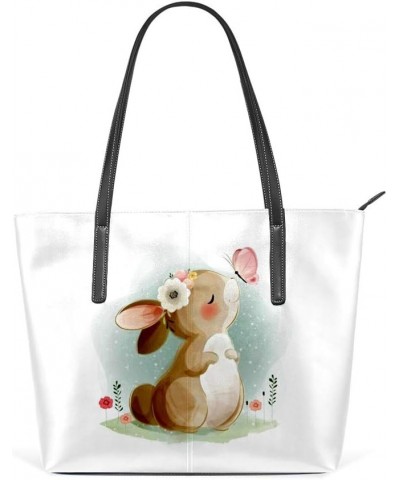 Women Handbag PU Leather Large Tote Shoulder Top Handle Satchel Bag Zippered ﻿Cute Bunny Playing with Butterfly Ladies Work S...