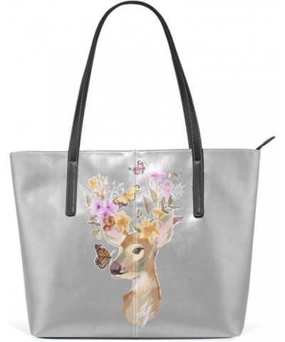 Deer and Colorful Flower Butterflies Tote Bag with Zipper PU Leather Handbags for Women Top Handle Ladies Shoulder Bag with E...