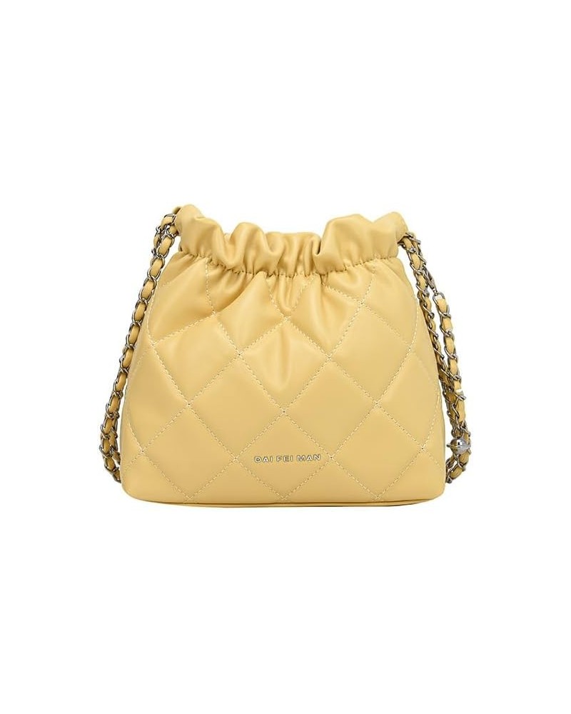 Women's minimalist diamond patterned drawstring one shoulder bucket bag Yellow $21.00 Shoulder Bags