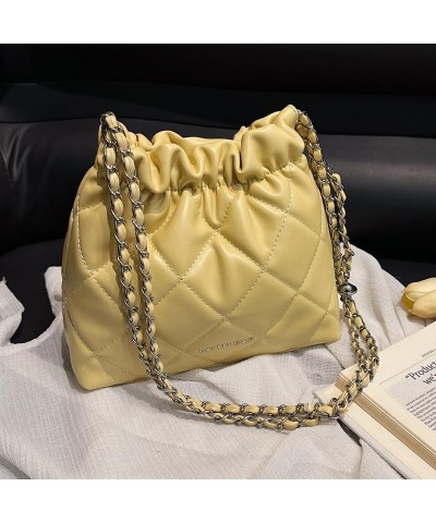 Women's minimalist diamond patterned drawstring one shoulder bucket bag Yellow $21.00 Shoulder Bags