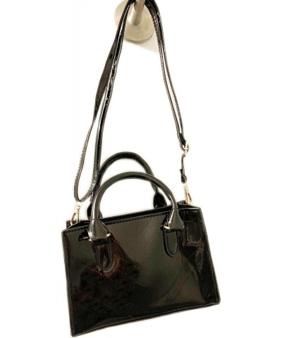 Stylish Shiny Black Metallic PU Patent Leather Tote Bag with Crossbody Strap and Diamond Lattice Stitching $13.17 Totes