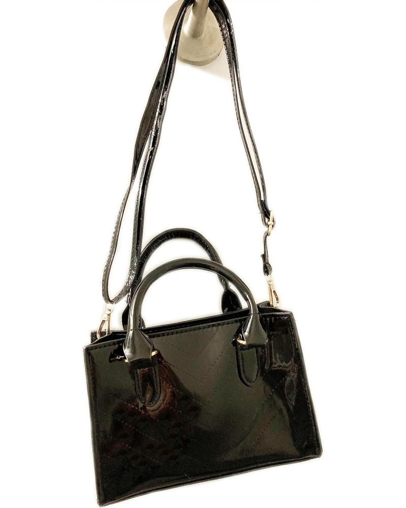 Stylish Shiny Black Metallic PU Patent Leather Tote Bag with Crossbody Strap and Diamond Lattice Stitching $13.17 Totes