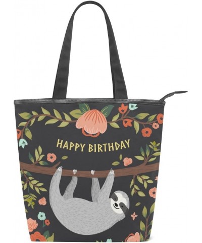 Tote Canvas Shoulder Bag Happy Birthday Cute Sloth Womens Handbag $12.71 Shoulder Bags