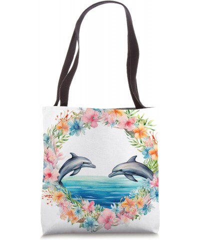 Dolphins in a blue splash with a Boho Chic wreath. Tote Bag $11.98 Totes