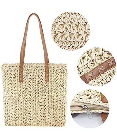 Women Straw Crochet Tote Bohemian Summer Beach Bag Large Handmade Shoulder Bag (Light Brown) Beige $17.94 Totes