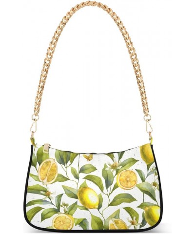 Us Tricolor Frame Women Shoulder Purse, Women Clutches Evening, Polyester & Aluminum Alloy Citrus Fruits Lemon Floral Wallpap...