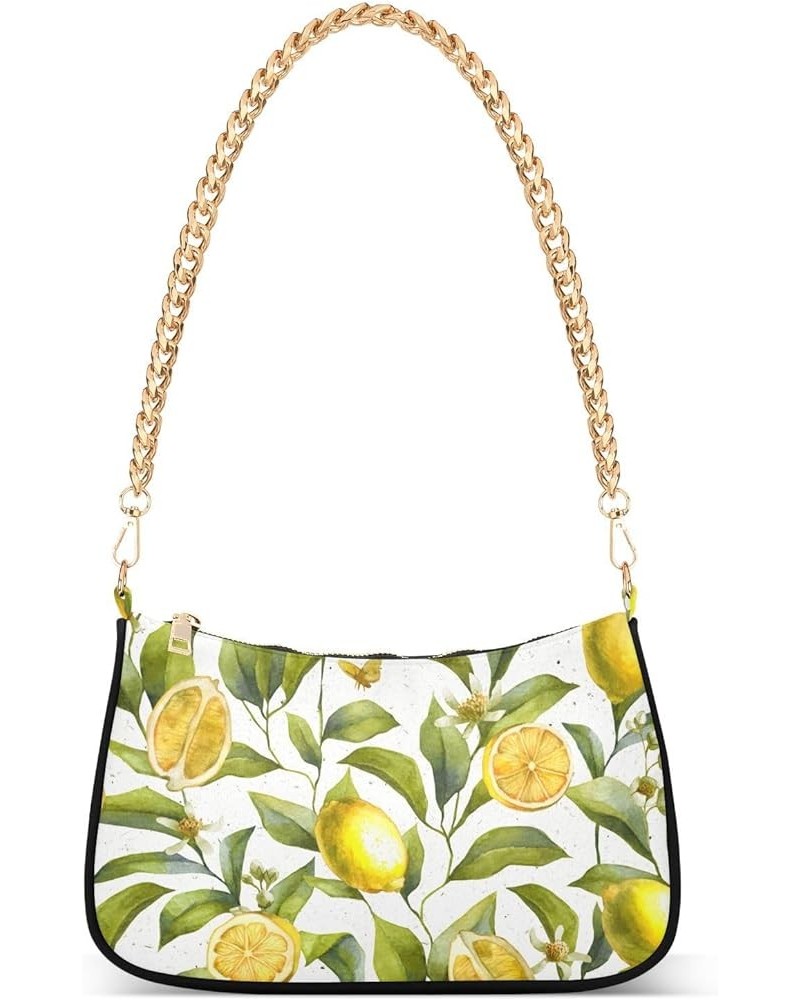 Us Tricolor Frame Women Shoulder Purse, Women Clutches Evening, Polyester & Aluminum Alloy Citrus Fruits Lemon Floral Wallpap...