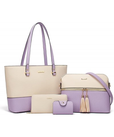 Women Fashion Synthetic Leather Handbags Tote Bag Shoulder Bag Top Handle Satchel Purse Set 4pcs Beige+purple $18.04 Totes