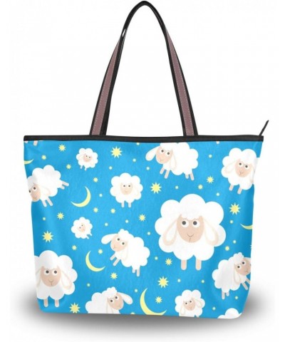 Women Top Handle Tote Bag White Sheep And Moon Star Shoulder Bag Handbag $10.80 Shoulder Bags