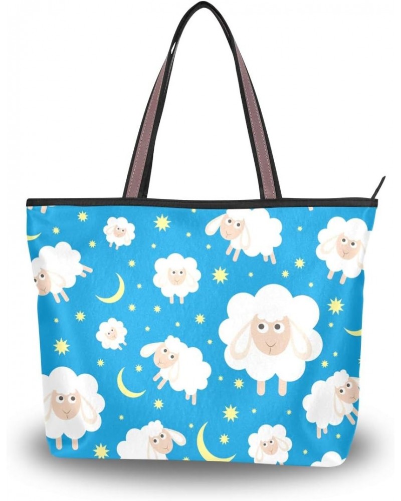 Women Top Handle Tote Bag White Sheep And Moon Star Shoulder Bag Handbag $10.80 Shoulder Bags