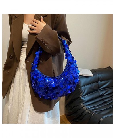 Women Hobo Handbags Sparkly Sequins Underarm Bag Y2k Shiny Evening Clutch PU Leather Crescent Moon Underarm Bag Blue $15.90 S...