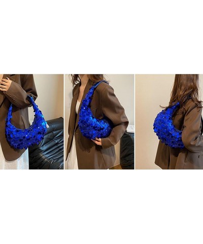 Women Hobo Handbags Sparkly Sequins Underarm Bag Y2k Shiny Evening Clutch PU Leather Crescent Moon Underarm Bag Blue $15.90 S...