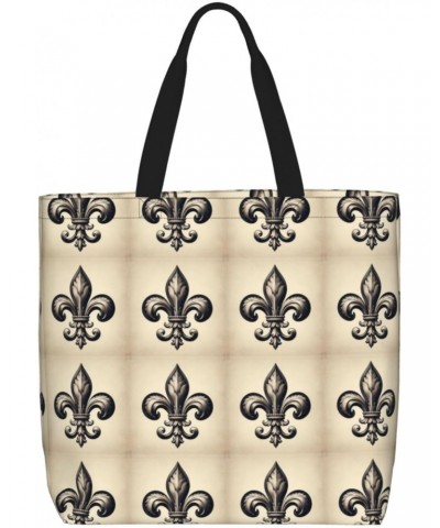 Women'S Soft Tote Shoulder Bag Fleur-De-Lis-Black-Retro Foldable Travel Purse With Zipper Closure $11.94 Totes