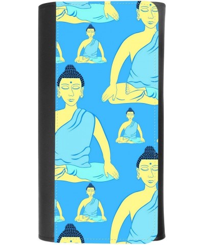 (Buddha sitting Indian meditation closed eyes illustration) women's Patterned Leather Buckle Trifold Wallet Bag Pouch Holster...