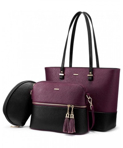 Purses and Handbags for Women Fashion Tote Bags Shoulder Bag Top Handle Satchel Bags 3pcs-2 Purple/Black $16.45 Totes