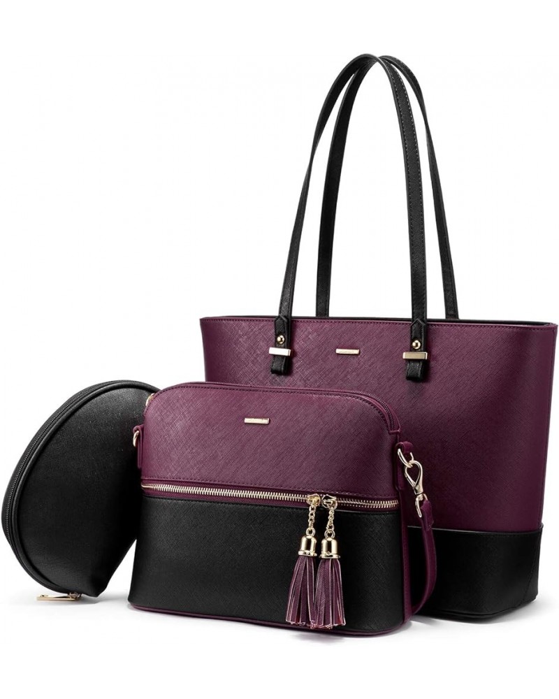 Purses and Handbags for Women Fashion Tote Bags Shoulder Bag Top Handle Satchel Bags 3pcs-2 Purple/Black $16.45 Totes