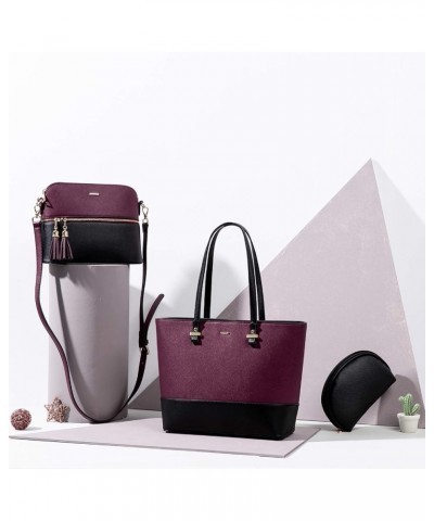 Purses and Handbags for Women Fashion Tote Bags Shoulder Bag Top Handle Satchel Bags 3pcs-2 Purple/Black $16.45 Totes