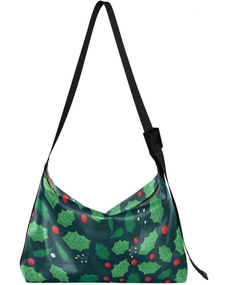 Womens Large Tote Bag Christmas Holly Leaves Green Large Crossbody Bags Boys Over The Shoulder Bag $19.46 Totes