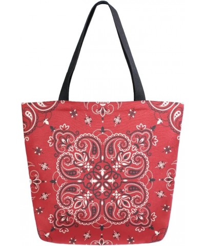 Paisley Bandana Boho Red Large Canvas Tote Bag Shopping Shoulder Handbag with Small Zippered Pocket $9.90 Totes