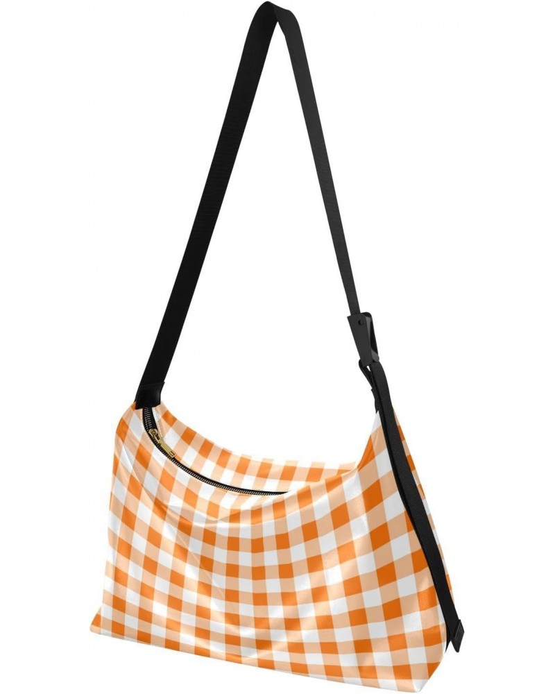 Women Boho Bag Gingham Plaid Cute Orange Shoulder Bag PU Leather Pouch Crossbody Bag Large Tote Handbag For Quick Getaway Wee...