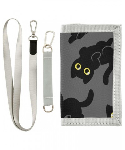 Cute Cartoon Black Cat Trifold Wallet Fabric Wallet Small Nylon Wallet Card Wallet with Lanyard $9.68 Wallets