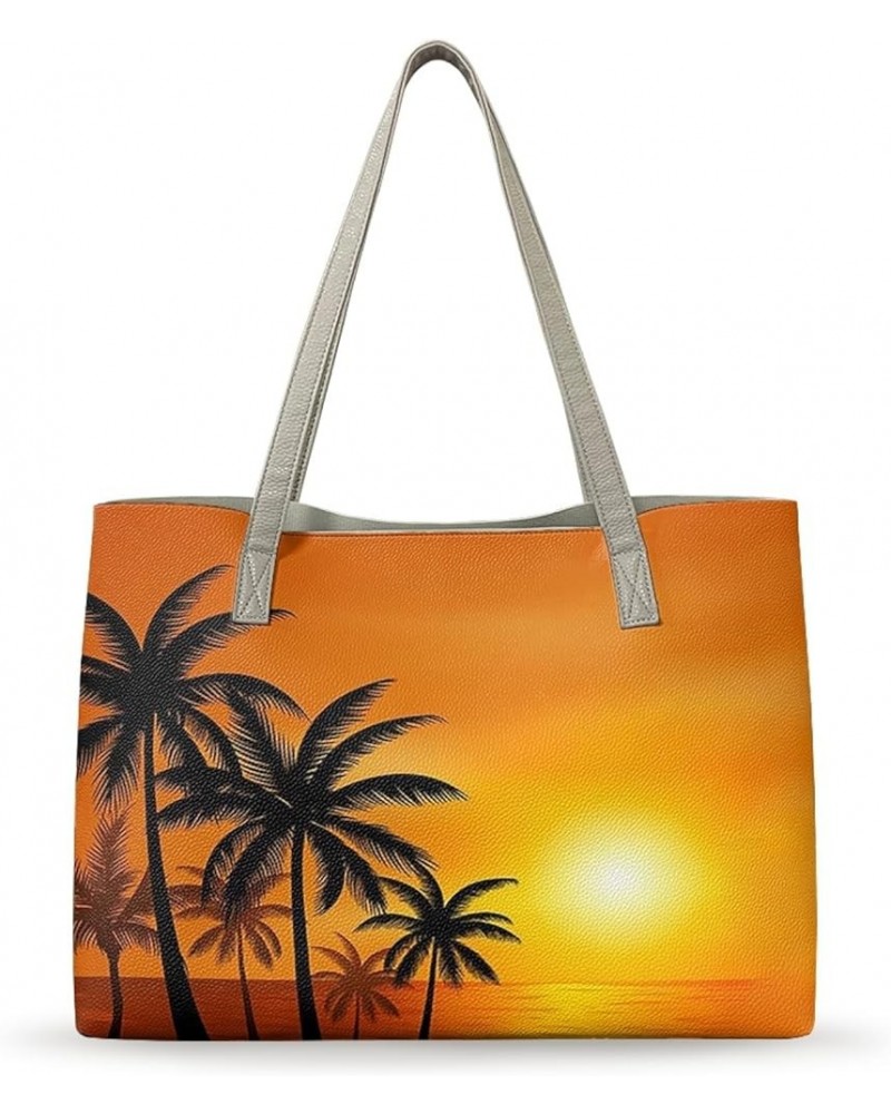 Ladies Shoulder Bags for Women Satchel Handbags Tote Bag Purse Portable Leather Tote Bag Large Laptop Purse Sunset Palm Tree ...